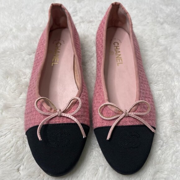Chanel Women’s Tweed Cap Toe Pink and Black Ballerina Flats Shoes Size 41 - Picture 1 of 10